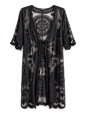 BSUBSEACH Black Sheer Lace Kimono Cover Up Boho Festival Beach Layering